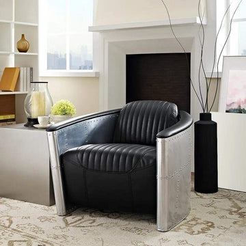 Industrial Loft Black Barrel Accent Chair PU Leather Upholstery-Richsoul-Chairs & Recliners,Furniture,Living Room Furniture